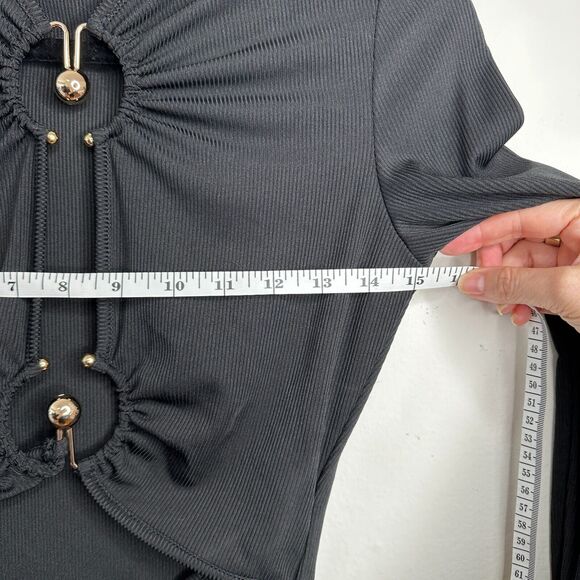 Sophie Anne Keyhole Black Bodysuit Gold Tone Hardware Long Sleeve Rib Knit 2 - Picture 13 of 14